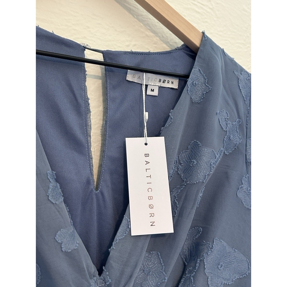 Baltic Born Blue Floral Embroidered Smocked Midi Dress V-Neck Flutter Sleeve M - Picture 2 of 8